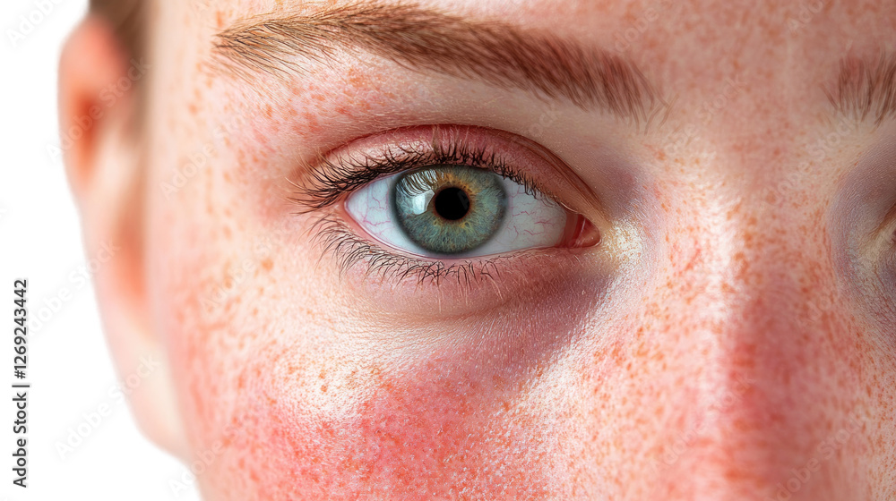 Fototapeta premium Intimate Gaze: A close-up shot of a face reveals intricate details, focusing on the captivating eye that gazes at the camera. The freckled complexion shows visible texture.