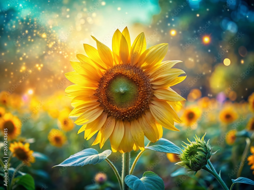 Fototapeta premium Sunflowers Blooming in Summer Garden - Double Exposure Photography