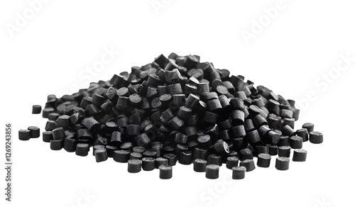 Pile of black plastic granules isolated on white photo