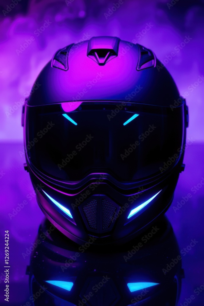Futuristic helmet glowing with blue accents against a vibrant purple backdrop, blending tech and style. Futuristic helmet glowing with blue accents against a vibrant purple backdrop, blending tech and style.
