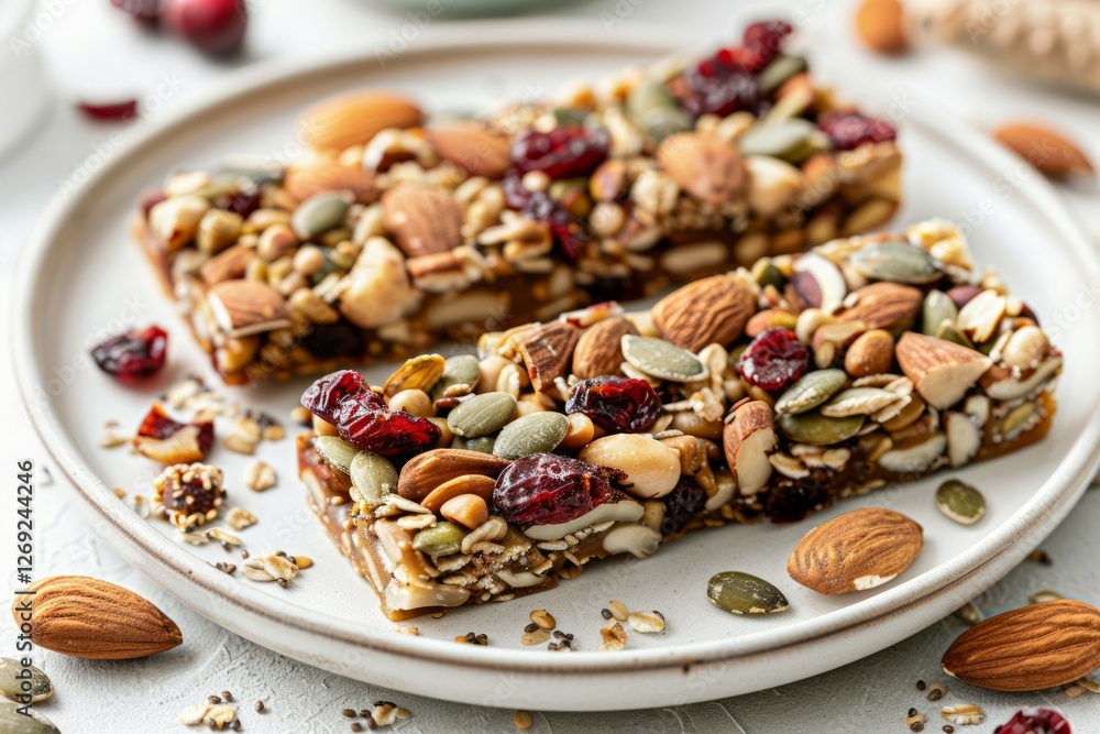 Granola bars on gray plate with nut and seed toppings. Artificial intelligence image Granola bars on gray plate with nut and seed toppings. Artificial intelligence image