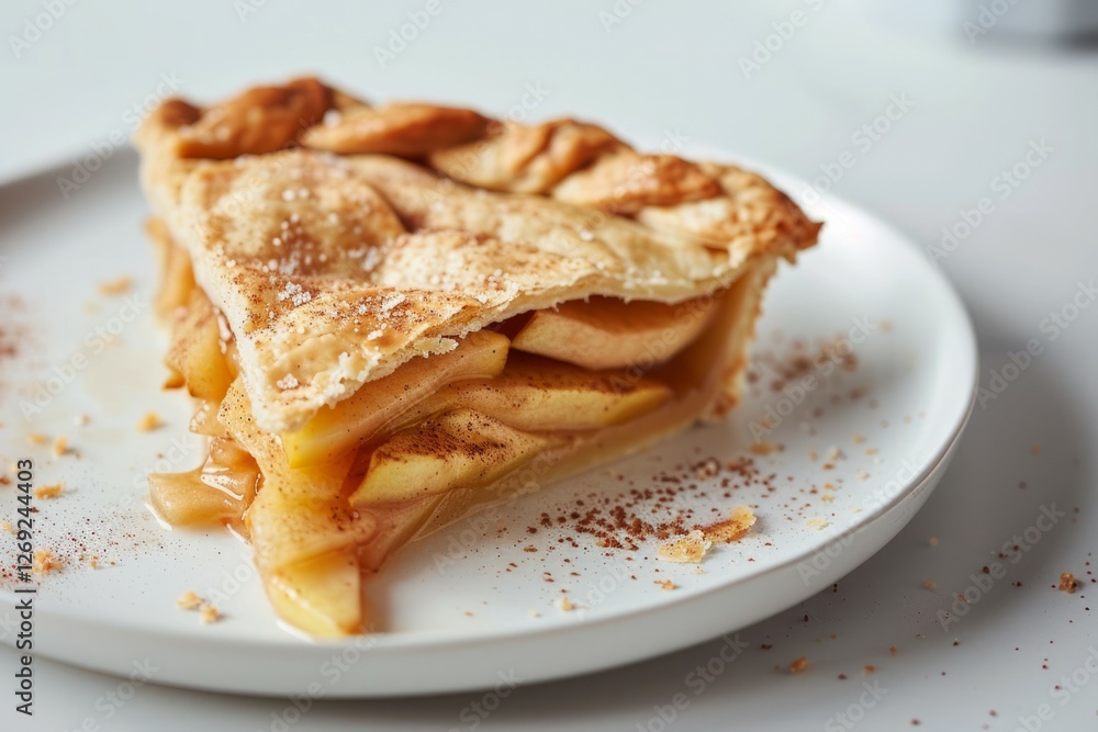 Classic apple pie slice on ceramic plate with warm lighting. Artificial intelligence image Classic apple pie slice on ceramic plate with warm lighting. Artificial intelligence image