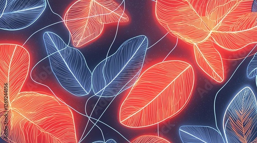 Vibrant neon leaves illustrated in glowing colors on a dark background.