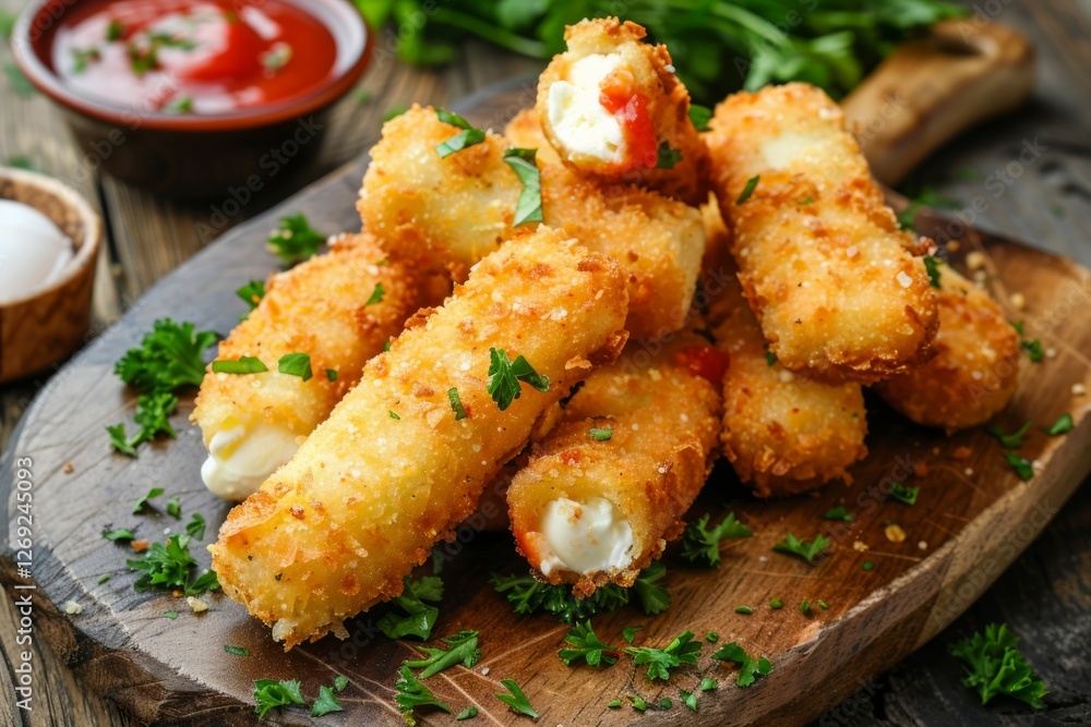 Fototapeta premium Crispy mozzarella sticks with dipping sauces. Artificial intelligence image