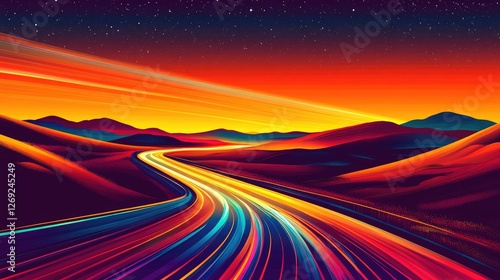 A vibrant, stylized landscape featuring a winding road under a colorful sunset sky.