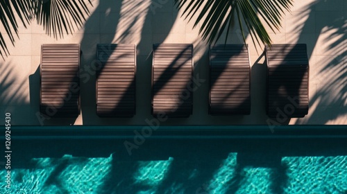 Beautiful shot of three sun loungers near the pool
