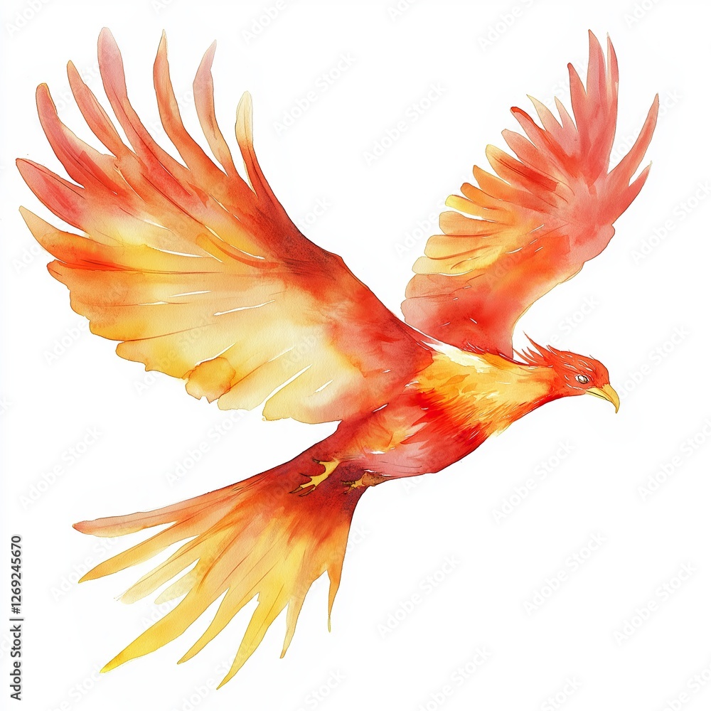 Obraz premium watercolor illustration of a bird in flight. The bird appears to be a phoenix, with its wings spread wide and its head turned towards the right side of the image.