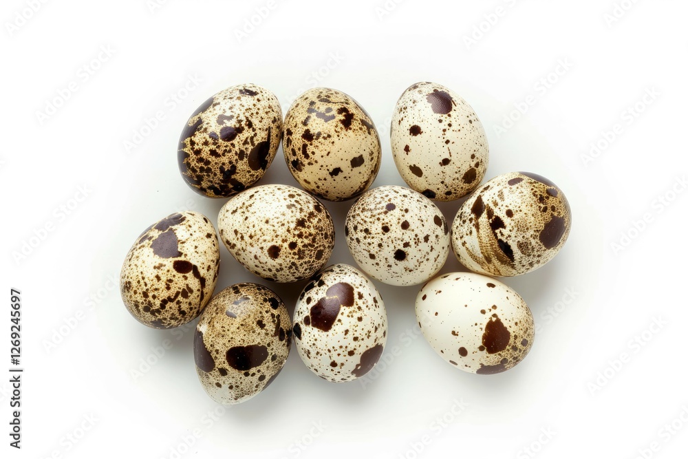 Fototapeta premium Cluster of speckled quail eggs on white background. Artificial intelligence image