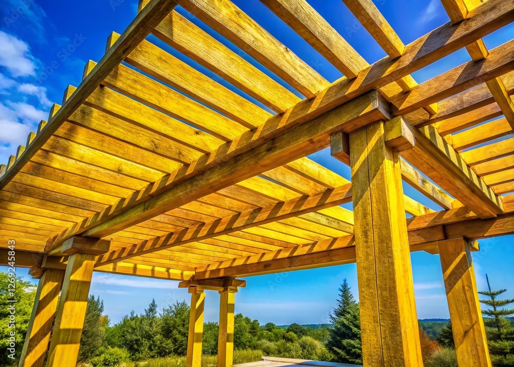 Sunny Yellow Pergola: Rustic Wooden Garden Structure with Glazed Roof Sunny Yellow Pergola: Rustic Wooden Garden Structure with Glazed Roof