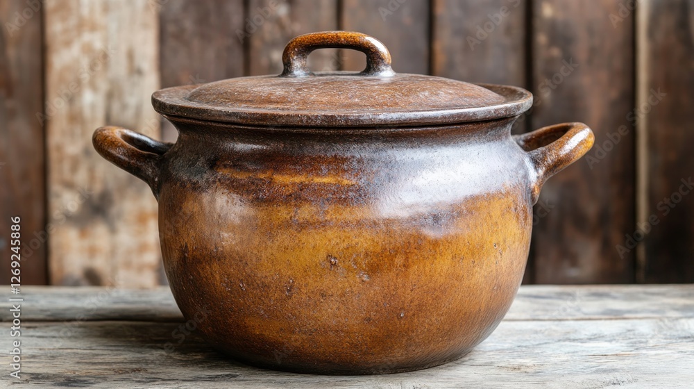 Rustic Brown Clay Pot with Lid on Wooden Surface Rustic Brown Clay Pot with Lid on Wooden Surface