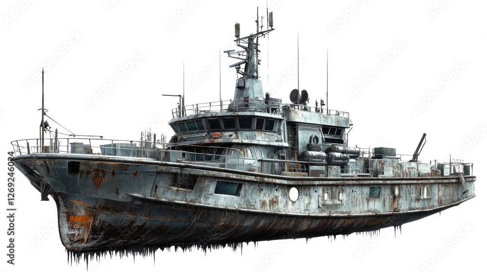 Weathered Vessel: This image depicts a sturdy, aged vessel, its metallic surface bearing the marks of time and the elements. The ship exudes a sense of history and maritime strength. Weathered Vessel: This image depicts a sturdy, aged vessel, its metallic surface bearing the marks of time and the elements. The ship exudes a sense of history and maritime strength.