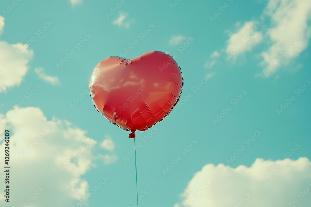 Fototapeta premium Heart-shaped red balloon floats against a blue sky with scattered clouds. Concept of love and celebration. For greeting card design or romantic decoration.