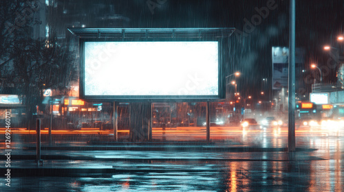 Empty billboard at night in rain city street. Possible use Stock photo for advertising, urban scenes, or promotional material photo