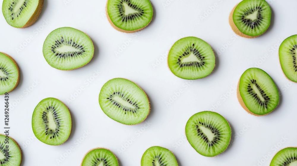 Fototapeta premium Fresh kiwi slices are beautifully arranged on a clean, bright surface, highlighting their intricate patterns and vivid green color