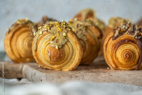 Selbstgemachte New York Rolls – Blätterteigrollen mit Schokocreme und Pistazienfüllung photo