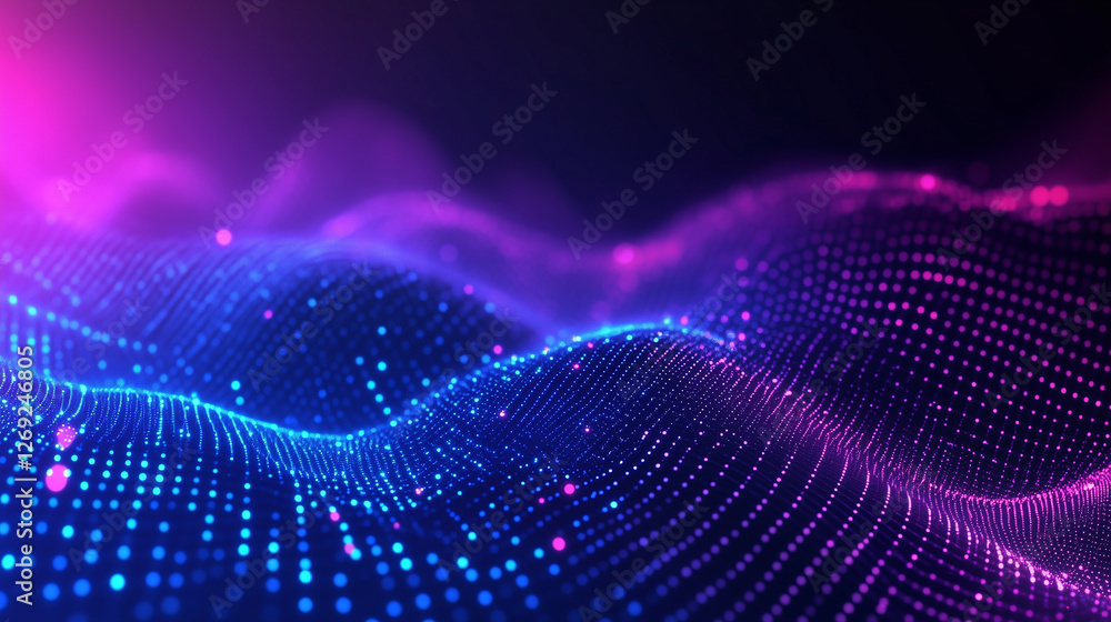 abstract background with glowing dots and wavy lines on a purple-blue gradient. Big data visualization concept abstract background with glowing dots and wavy lines on a purple-blue gradient. Big data visualization concept