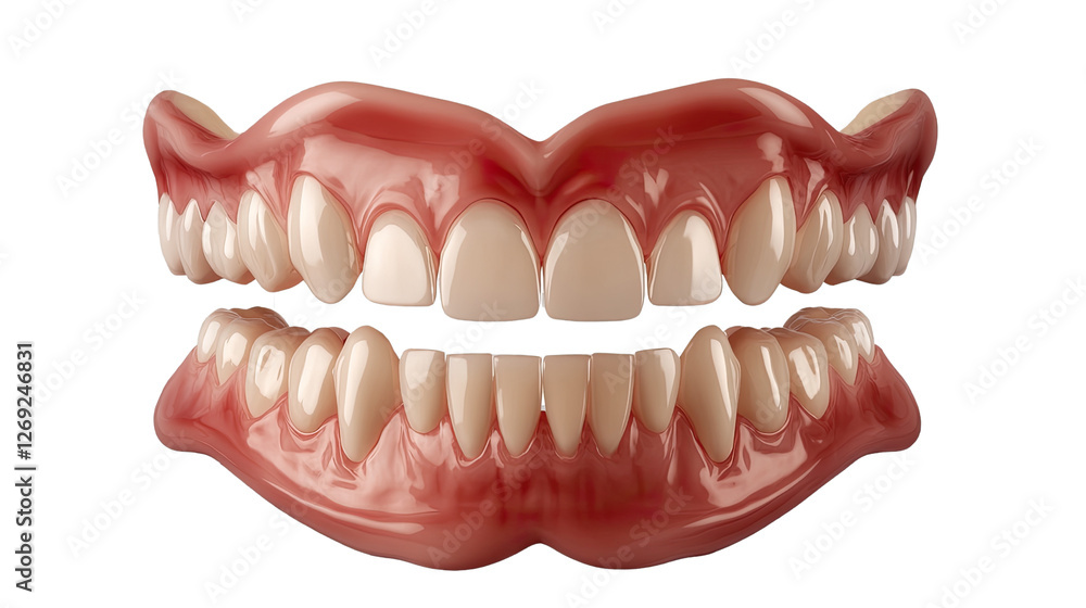 Obraz premium Dental Prosthetics: A close-up shot of a complete set of well-crafted dentures, showcasing the intricate details of the teeth and gums, ready for insertion.
