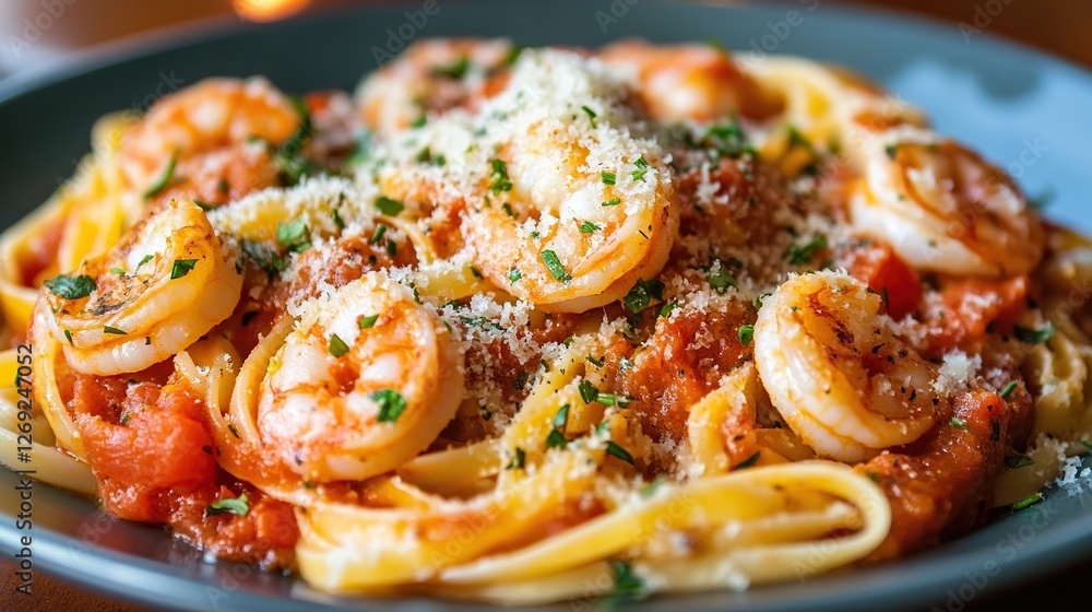 Delicious spaghetti dish with shrimps on a plate Delicious spaghetti dish with shrimps on a plate
