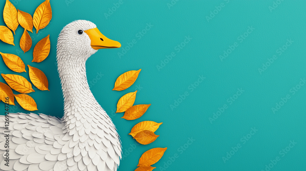 white goose with golden scales instead of feathers is surrounded by golden leaves on teal background white goose with golden scales instead of feathers is surrounded by golden leaves on teal background