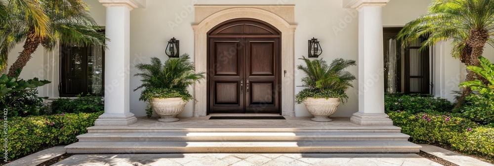 Elegant Home Entrance With Double Doors And Lush Landscaping Elegant Home Entrance With Double Doors And Lush Landscaping