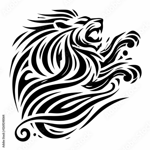 Roaring tribal lion design in black and white