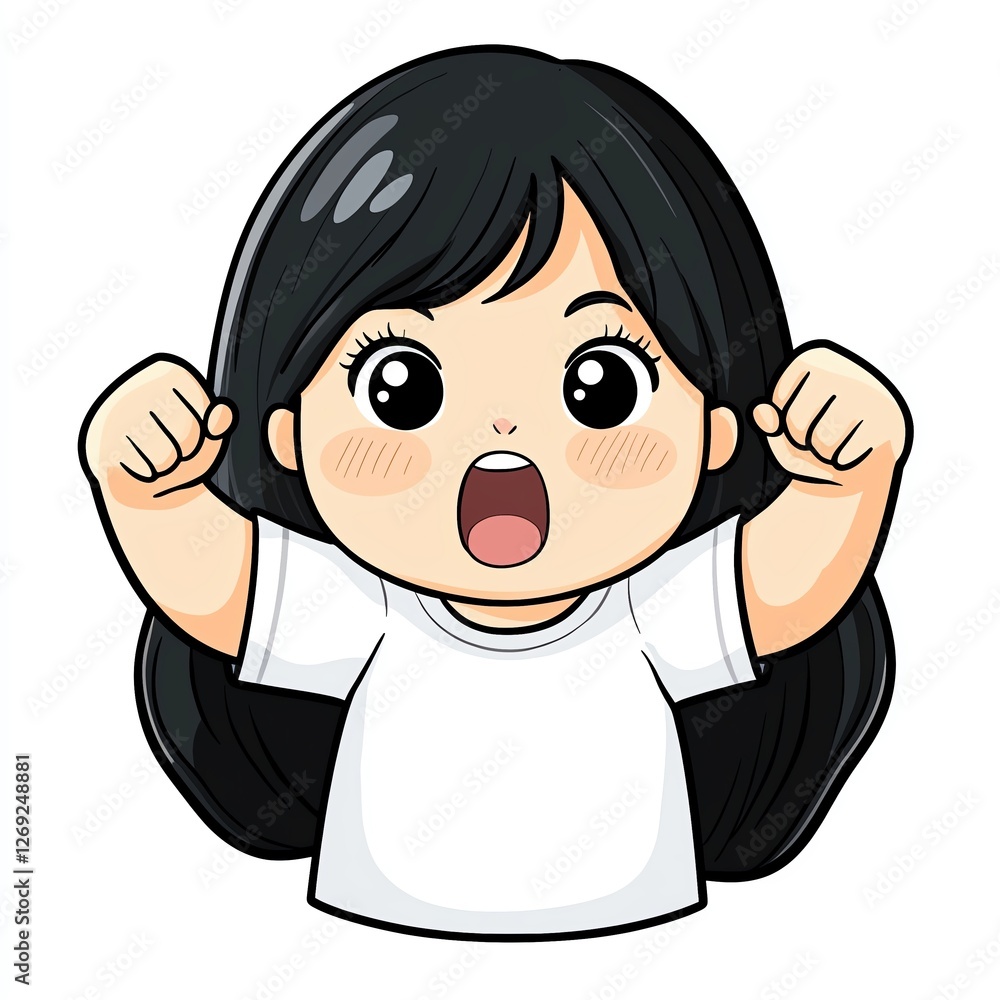 chibi cartoon girl, excited chibi cartoon girl, strong pose chibi cartoon girl for messaging, make a chibi design of a girl with black hair wearing white shirt in different reactions chibi cartoon girl, excited chibi cartoon girl, strong pose chibi cartoon girl for messaging, make a chibi design of a girl with black hair wearing white shirt in different reactions