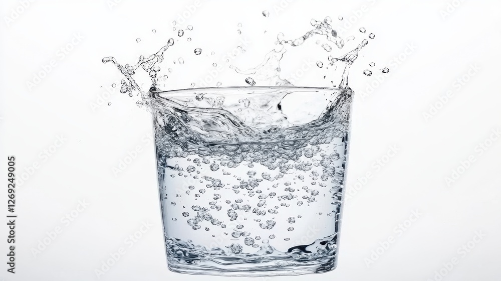 A glass of water with a splash of water on the side A glass of water with a splash of water on the side