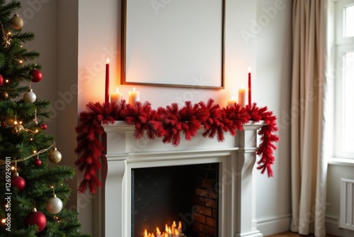 Empty Christmas mantle with red garland and candles, elegant, festive, serene