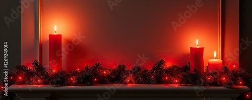 Empty Christmas mantle with red garland and candles, garland, serene