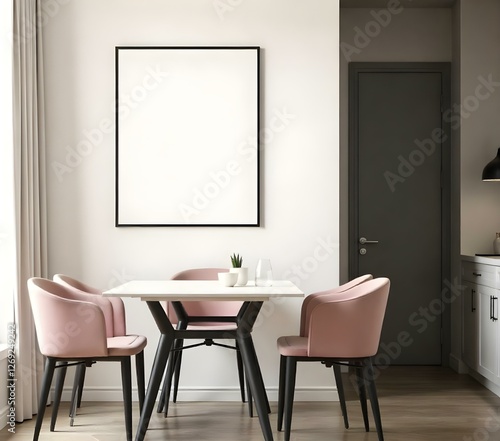 Dining room with a white table, four pink chairs, a blank frame on the wall, and a white door