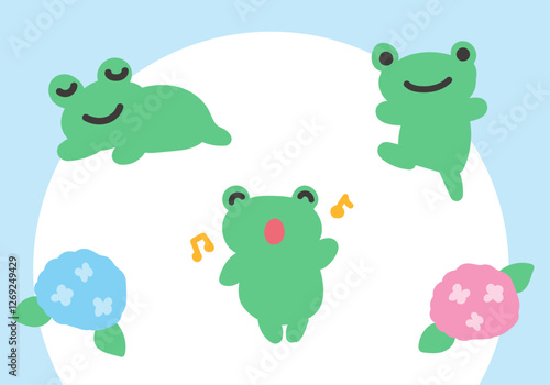 かわいい手描きのかえるとあじさいのイラストセット
 singing,Jumping and sleeping flog and hydrensia handdrawn illust