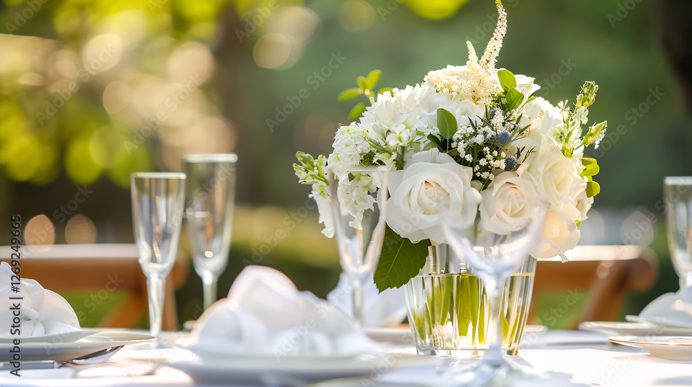 Beautiful outdoor table setting adorned with white flowers, perfect for a dinner, wedding reception, or other festive events. Beautiful outdoor table setting adorned with white flowers, perfect for a dinner, wedding reception, or other festive events.