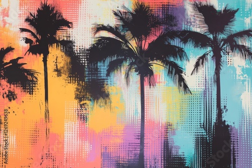 Abstract art palm trees vibrant colors backdrop.