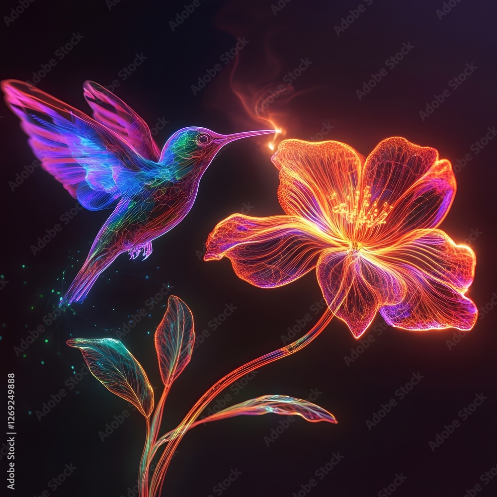 Vibrant Hummingbird and Glowing Flower in Neon Artistry Vibrant Hummingbird and Glowing Flower in Neon Artistry
