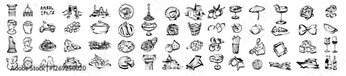 Italy icon vector set, hand drawn Italian traditional culture doodle, landmark object illustration. Eatery menu brushstroke sign, summer vacation trendy print, wine glass, pasta. Italy icon food kit