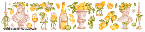 Italian lemon wedding decoration set, vector hand drawn watercolor mediterranean citrus floral print. Greek goddess statue, botanical invitation Amalfi design, wine glass bottle. Italian lemon clipart