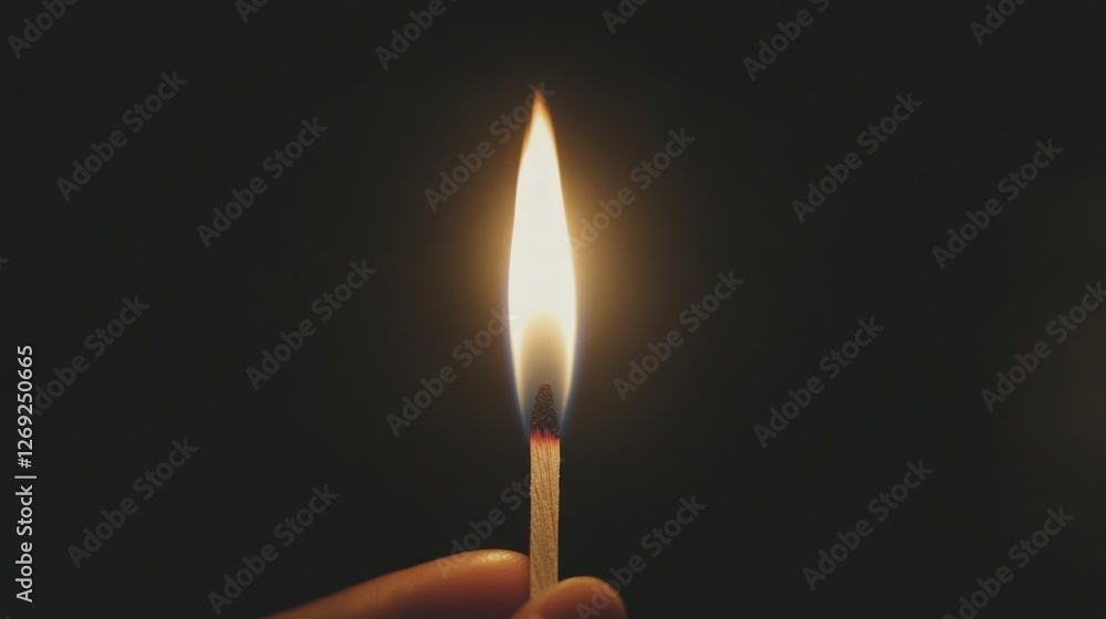 Lit matchstick held against dark background. Lit matchstick held against dark background.