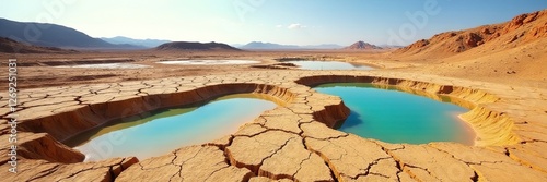Dry cracked earth terrain with a few remaining lakebeds, desolate landscape, climate change impact, lake drying