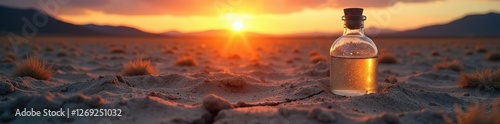 Dry lake bed at sunset with cracked glass bottle and dusty soil, barren land, erosion