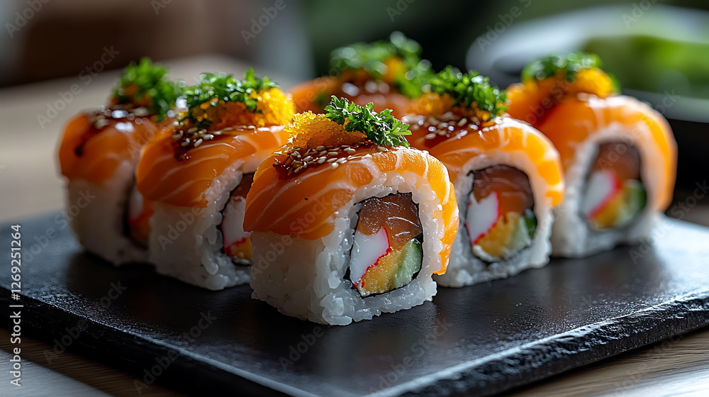 Close-up of gourmet sushi rolls with fresh salmon, prosciutto, and cheese, garnished with parsley on a black slate surface. Elegant Japanese cuisine and fine dining concept. Close-up of gourmet sushi rolls with fresh salmon, prosciutto, and cheese, garnished with parsley on a black slate surface. Elegant Japanese cuisine and fine dining concept.