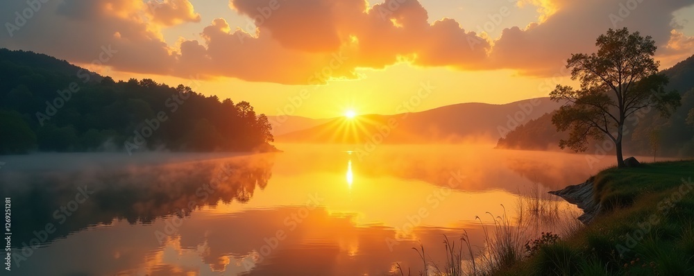 Obraz premium Early morning golden sunrise over serene lake, water, serene landscape