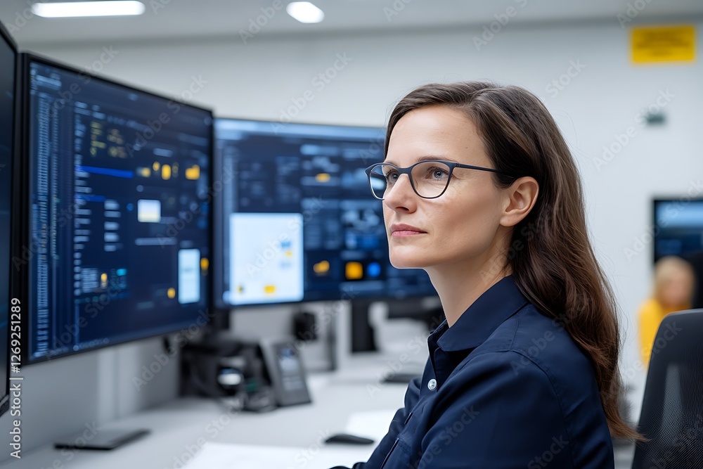 Tech professional analyzing data in a busy modern digital workspace environment Tech professional analyzing data in a busy modern digital workspace environment