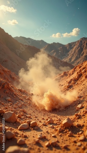 Dusty landscape with ash particles falling on earth, desert, erosion,