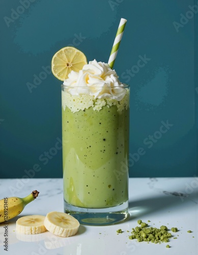 Wallpaper Mural A vibrant green smoothie or milkshake topped with whipped cream and a lemon slice, served in a tall glass with a striped straw, accompanied by banana slices and matcha powder on a white table against Torontodigital.ca