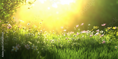 Sunlit meadow with wildflowers and fresh green grass