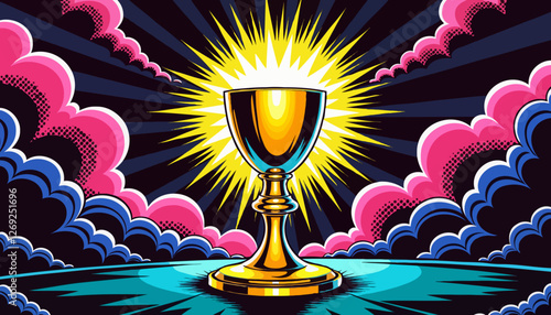 Vibrant Holy Grail with glowing aura in psychedelic art style