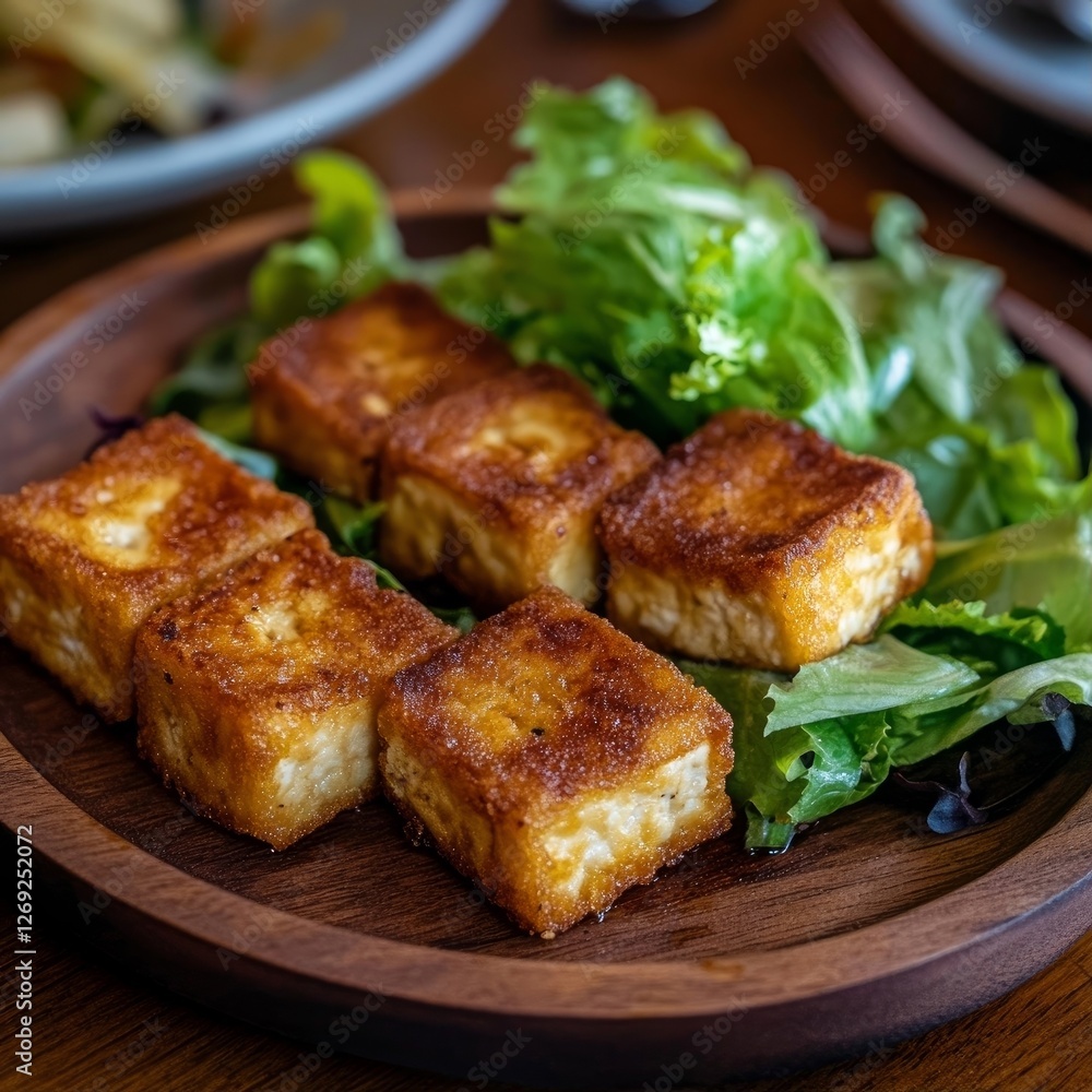 fried tofu served with fresh green salad, presented on a wooden serving plate fried tofu served with fresh green salad, presented on a wooden serving plate