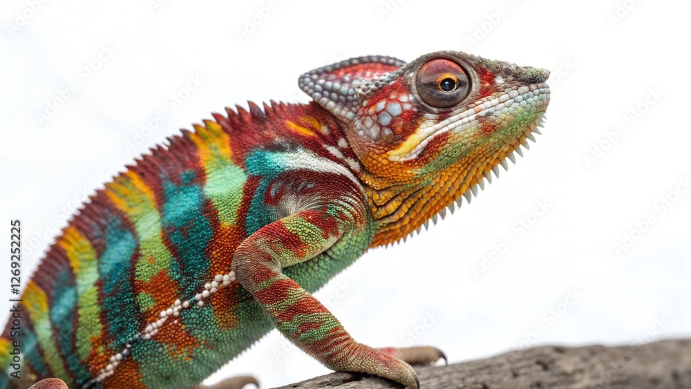 Obraz premium Vibrant Chameleon Close-up: A vibrant chameleon with intricate patterns of red, green, yellow, and blue scales perches on a branch, its expressive eyes focused on the viewer.