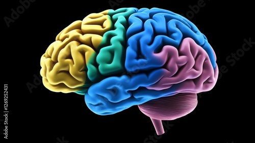 An Al generated illustration of colorful brain isolated on a black background