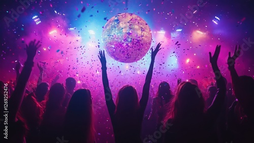 Vibrant party with colorful lights and energetic dancing under a disco ball. Generative AI